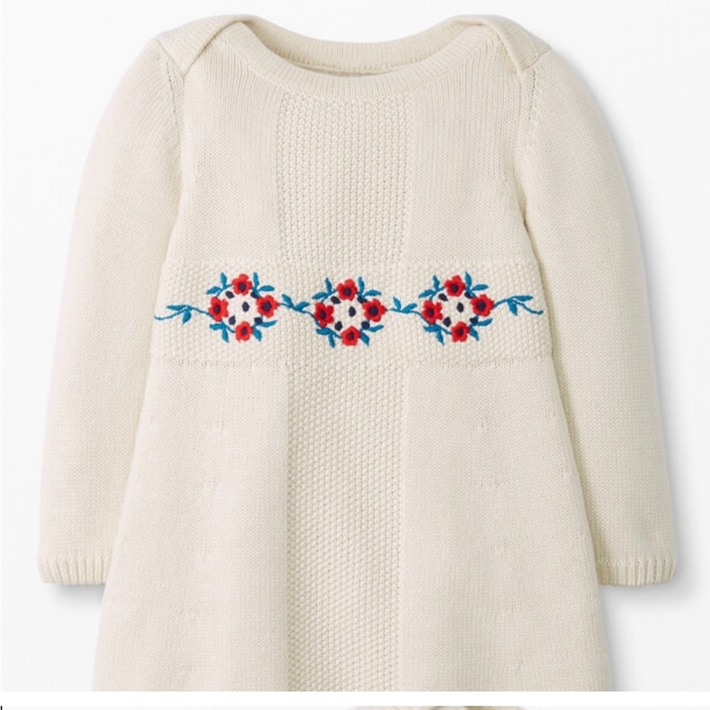 • Hanna Andersson • Floral Embroidered Sweater Knit Dress Long Sleeves Cream 3T